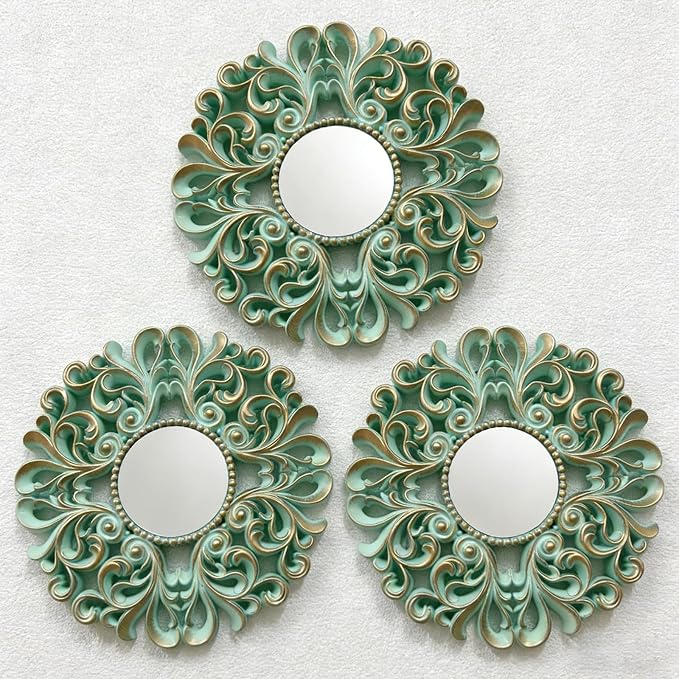 DXYAKY 3 Pack Floral Ornate Decorative Wall Mirror - Elegant Mint Green with Gold Accents, 9.8" Plastic Round Mirror Set, Lightweight Wall Art Décor for Bedroom, Bathroom, Living Room & Entryway