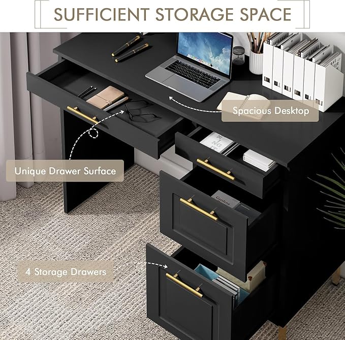 4 EVER WINNER Computer Desk with Drawers, 43 Inch Small Desk with Golden Handle, Home Office Desk with Storage Shelves for Bedroom, Black