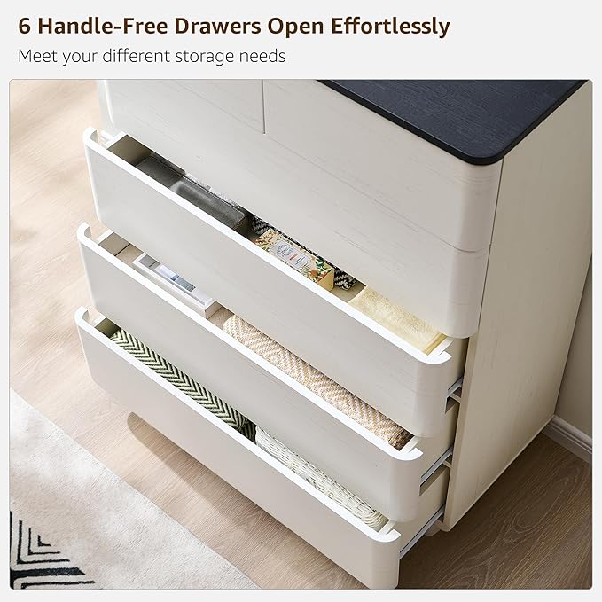 JXQTLINGMU 6 Drawer Dresser for Bedroom, 42" Tall Modern Push-to-Open Chest of Drawers, Wood Storage Organizer w/Curved Profile & Handleless Design for Bedroom, Living Room, Off White