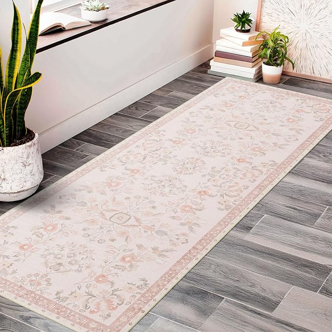 MUJOO Washable Runner Rug for Kitchen Hallways,2x6 Runner Rug Non Slip,Floral Carpet Runner for Bathroom Bedroom Laundry Floor,Long Mat Boho Indoor Vintage Low Pile Pink