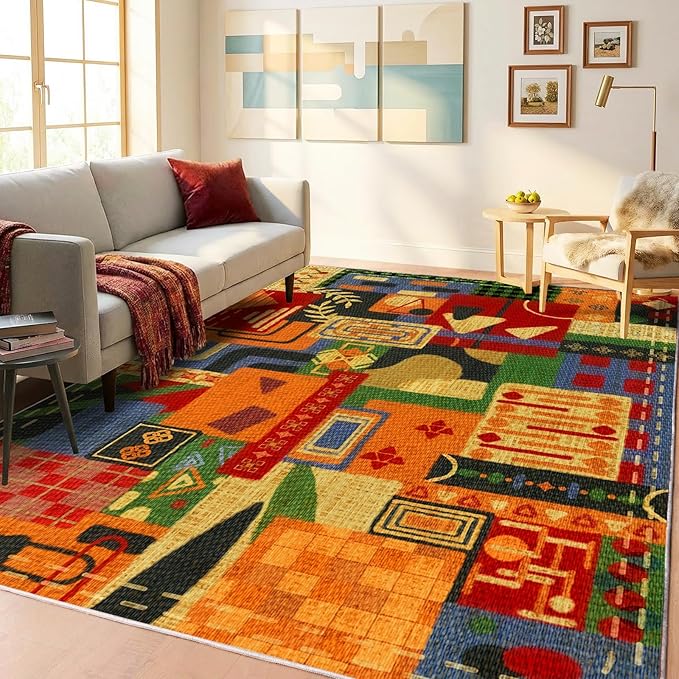 6x9 Abstract Tribal Patchwork Area Rug, Boho Patchwork Colorful Rugs for Living Room, Modern Memphis-Inspired Throw Carpet, Washable Non-Slip Low Pile Rug for Dining Room Office Bedroom Dining Room