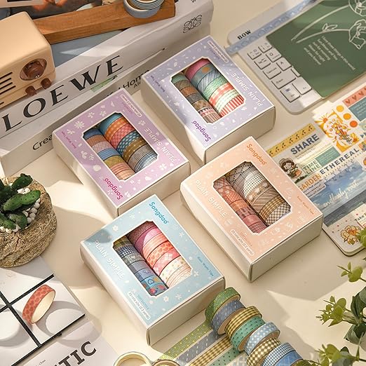 Songdao 20 Rolls Basic Washi Tape Set Japanese Arts Adhesive Tapes Simple Patterns Decorative Masking Tape Sets for Craft, Kids, Scrapbook, DIY, Gift Wrapping (Style Six)
