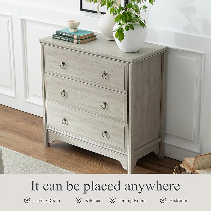 Chogori Solid Wood Dresser for Bedroom- Natural Wood Veneers & Water Based Paint Finished- Vintage Chests of Drawers, Small 3 Drawer Dresser (2, Antique Gray)