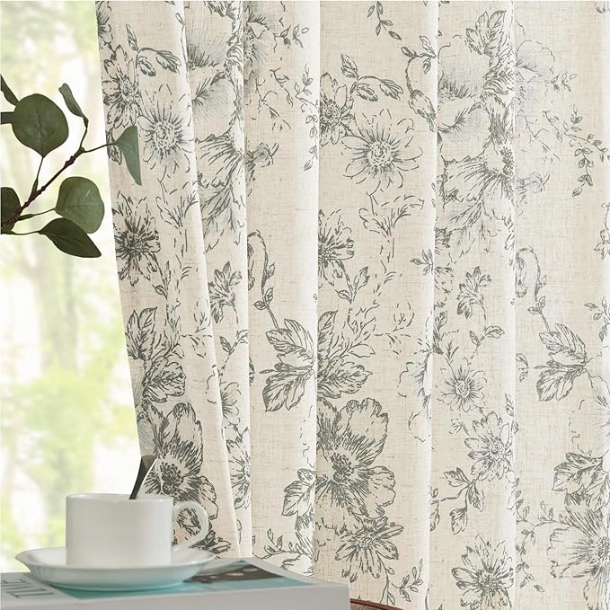 jinchan Lined Linen Blend Curtain Floral Curtains for Living Room 63 Inch Length Grey Peony Flower Printed Curtain Back Tab Farmhouse Patterned Drapes Bedroom Window Curtains Set 2 Panels