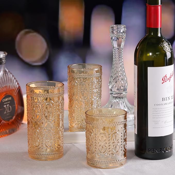 Darlion 6 Pack Amber Glassware Set, 10oz Vintage Drinking Glasses, Colored Water Glasses, Amber Embossed Glass Cups for Party Wedding Home Office Gift