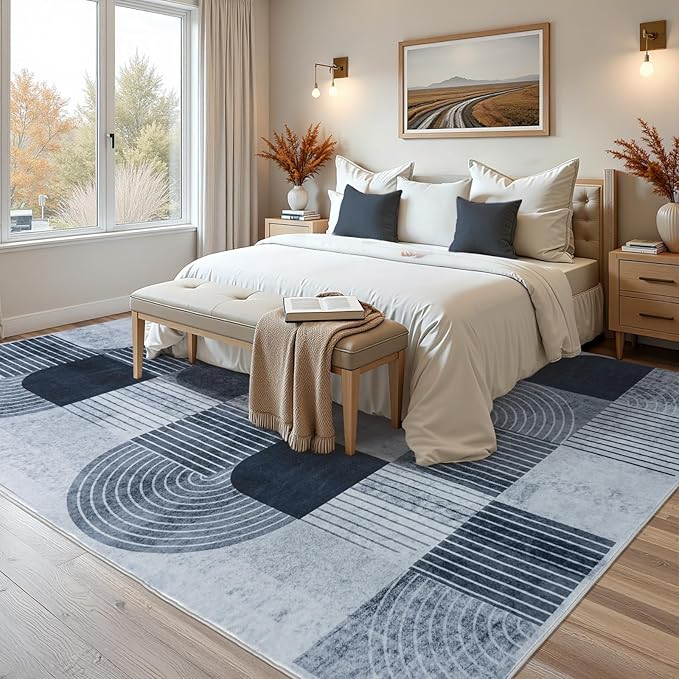 Large 9x12 Area Rugs for Living Room-Soft Modern Geometric Gray Rug for Bedroom, Washable Non-Slip Indoor Floor Abstract Carpet for Dining Room Nursery Office Home Decor
