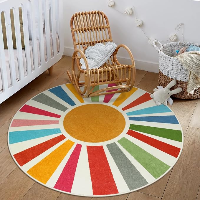 STARUIA Small Round Rug 4 Ft Washable Round Rug for Kids Room, Colorful Sun Circle Rug for Playroom, Non-Slip Circular Office Carpet Soft Rainbow Rug for Bedroom Reading Corner Dorm
