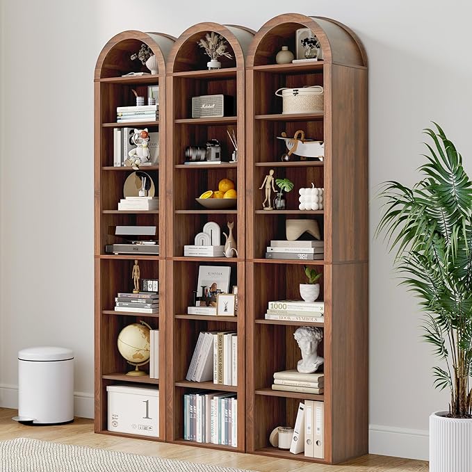Tall Narrow Arched Bookshelf, 8-Tier Skinny Arch Bookcase for Small Space, Freestanding Storage Organizer with Adjustable Shelves, Open Display Shelves for Living Room, Entryway (Walnut)