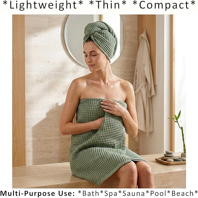 PÜSKÜL 4-Piece Natural 100% Turkish Cotton Luxury Waffle Towels for Bathroom | Premium Honeycomb Weave 2 Hand Towel & 2 Bath Towel Set | Soft Absorbent Quick-Dry Lightweight Towels (Sage Green)
