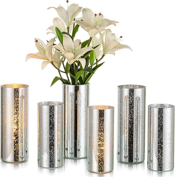 Glasseam Glass Cylinder Silver Vase: Set of 6 Decorative Flower Vases for Centerpieces Modern Vase for Flowers Wedding Decor Mercury Candle Holders for Pillar Candles Dining Table Decorations