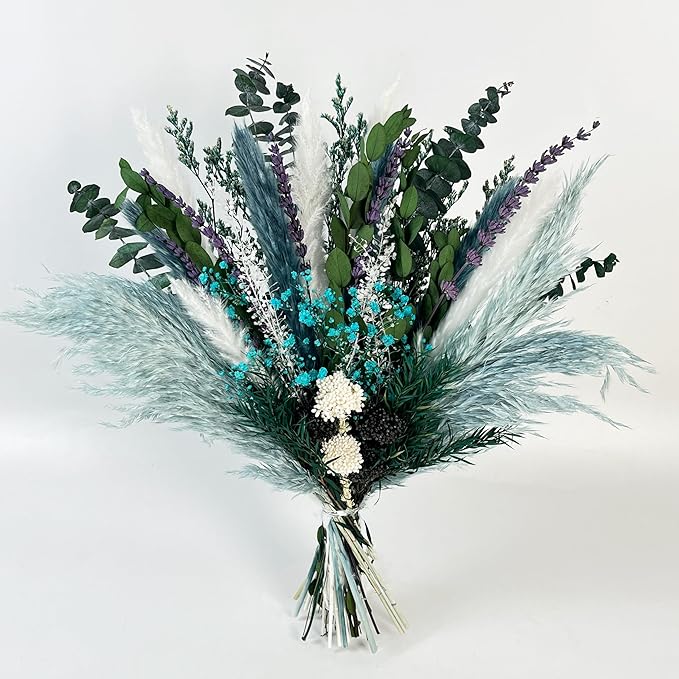 Natural Dried Flower Bouquet, 17” Blue Pampas and Eucalyptus Arrangement with Lavender and Turquoise Accents, Rustic Boho Floral Decor for Living Room, Bedroom, or Gift