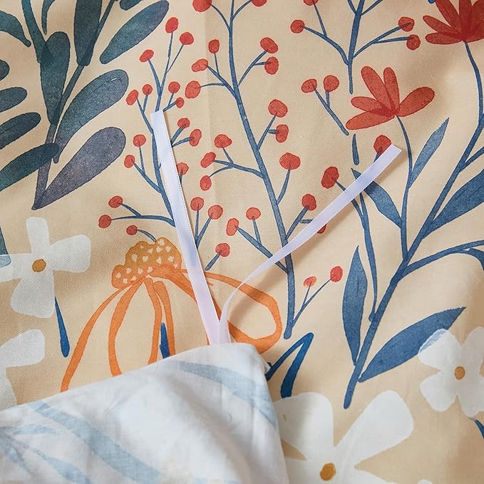 100% Cotton Duvet Cover Queen Size – Autumn Botanical Floral Duvet Cover Set with Zipper Closure, 3-Piece Soft Breathable Percale Weave Bedding Set for All Seasons