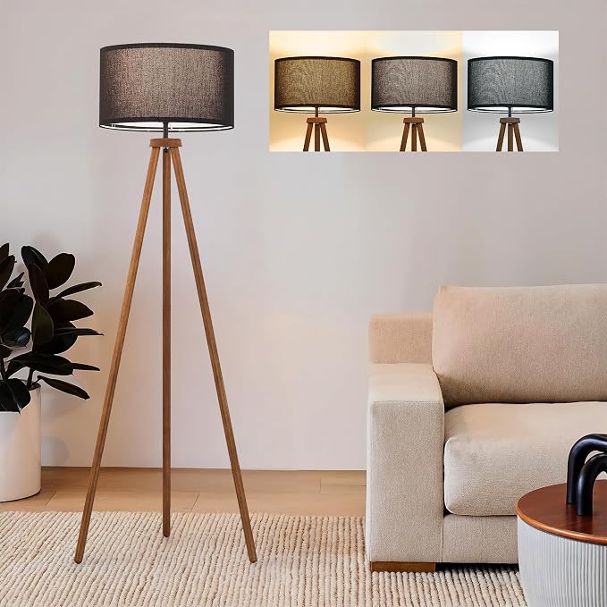 ELYONA Wood Tripod Floor Lamp Modern Standing Lamp with Black Drum Shade, Industrial Tall Reading Lamp for Office Living Room Bedroom, ETL Listed Walnut & Black, 3 Color Temperatures LED Bulb Include