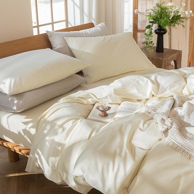 MooMee Bedding Duvet Cover Set 100% Washed Cotton Linen Like Textured Breathable Durable Soft Comfy (Solid Cream White, King 104"x90")