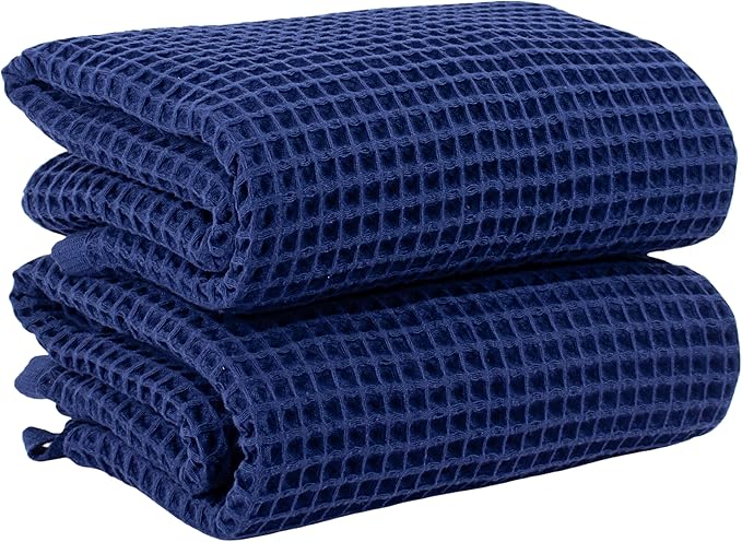 PÜSKÜL Natural 100% Turkish Cotton Navy Waffle Bath Towels Set of 2-Piece | 32x63 Extra Large Absorbent Quick-Dry Lightweight Spa Towel | Luxury Bathroom Towel (Navy Blue Bath Towels - Pack of 2)