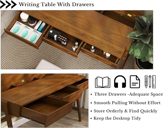 HNY 59 Inches Walnut Wooden Writing Desk with 3 Drawers, Computer Study Table with MDF Top, Solid Rubberwood Legs and Hidden Cable Management Holes, Corner Makeup Vanity Desk for Home Office, Bedroom