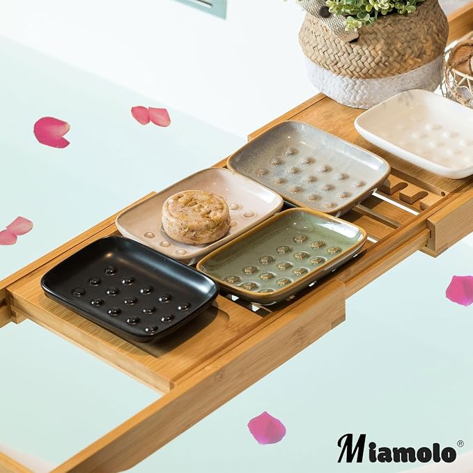 Miamolo Soap Dish, Ceramic Soap Holder Shower Soap Dish for Bar Soap Sponge, Soap Saver Tray for Bathroom Kitchen Sink, Black (Pack of 2)
