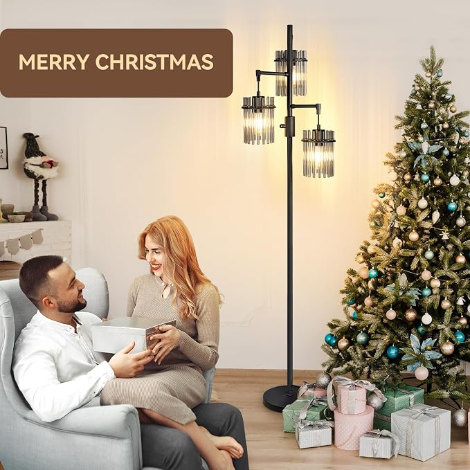 Industrial Floor Lamps for Living Room, Dimmable Floor Lamp Modern Standing Lamps with Glass Lampshade, Rotary Switch, LED Bulbs, Tall Lamps for Bedroom, Office (3 Lampshades(66inch))