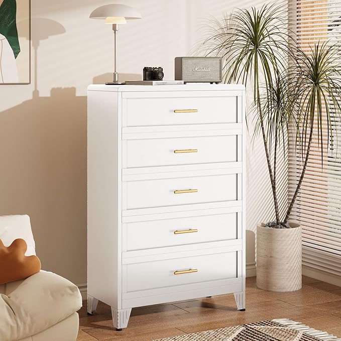 5 Drawers Tall White Dresser for Bedroom, 52.16" Metal Dressers & Chests of Drawers Curved Corner Design, Storage Organizer Drawer Chest with Large Capacity for Living Room, Hallway, Entryway