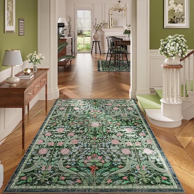 AMTOVO 5x7 Washable Area Rugs for Living Room, Vintage Boho Floral Distressed Print Non-Slip Carpet, Soft Colorful Accent Rug for Bedroom Dining Room Playroom Nursery Farmhouse Girls Room, Dark Green