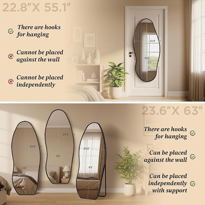 Dorlicecass Mirror Full Length - Irregular Full Body Wall Mirror Hanging 55"x 23" Asymmetrical Aviation Aluminum Alloy Frame Unique for Bedroom, Living Room, Cloakroom, Entryway