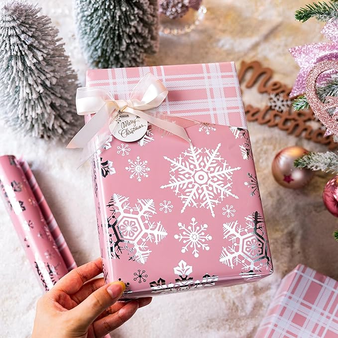 MAYPLUSS Pink Christmas Wrapping Paper, Snowflake Wrapping Paper, Metallic Foil Girly Pastel Snowflake, Plaid Design Christma Gift Wrap for Girl Women Winter Holiday (Mini Roll, 17 Inch X 16.5 Feet)