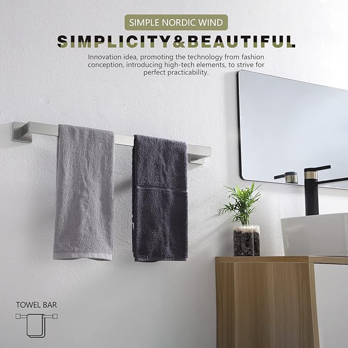 KOKOSIRI 24-Inch Single Towel Bar, Bathroom Kitchen Towel Holder, Wall Mounted SUS304 Stainless Steel Towel Rack, Brushed Nickel, B4003BR-L24