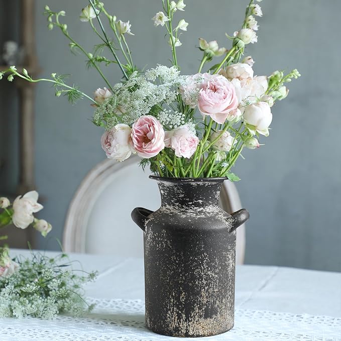 Rustic Vintage Metal Flower Vase for Decor Milk Jug Small Vases for Flowers Kitchen Decorations, Cylindrical,Perfect for Kitchen, Dining Room, Living Room,Housewarming Gift (Black)