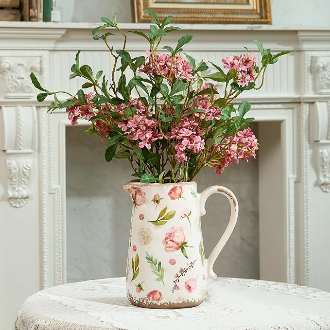 Retro Rustic Large Ceramic Vase with Handle, Distressed Farmhouse Pitcher for Home, Ideal Shelf Decor Floral Vase for Living Room Bedroom Office Table Centerpiece Decorations 9 Inch