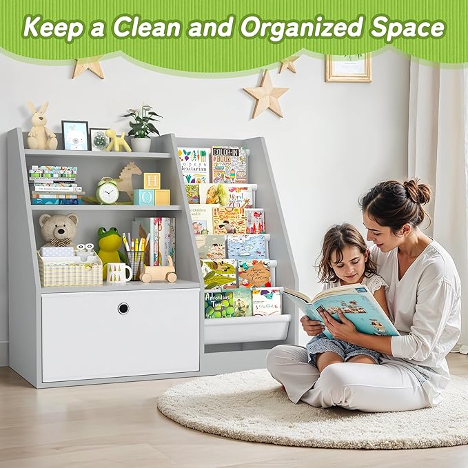 TOETOL Kids Bookshelf,Book Storage Organizer,6 Sling Toddler Wooden Book Shelf,3-Tier Kids Bookcase for Bedroom,Livingroom,Playroom,Nursery-Grey