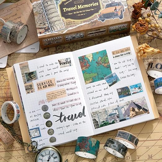 Auguro 18 Rolls Travel Washi Tape Set journaling Tape for Crafts and Journaling DIY Scrapbook Tape for journaling Scrapbooking Supplies washi Tape for Scrapbooking
