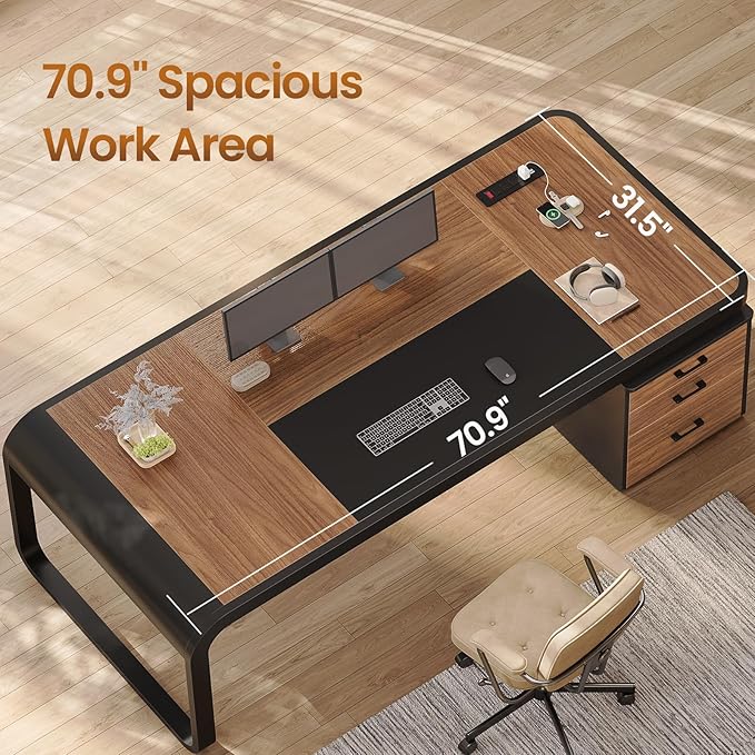 Itaar 70.9" Executive Desk, Large Computer Desk with Drawers and Lateral File Cabinet, Office Desk with Removable Shelves, Business Furniture Desk Workstation for Home Office, Brown