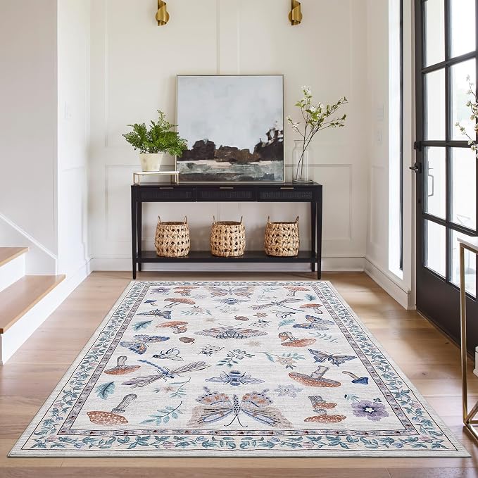 5x7 Washable Mushroom Floral Small Rug Non Slip Living Room Vintage Area Rug Low Pile Soft Bedroom Rugs Non Shedding Kitchen Rugs Boho Retro Indoor Carpet for Kids Nursery Room, Beige