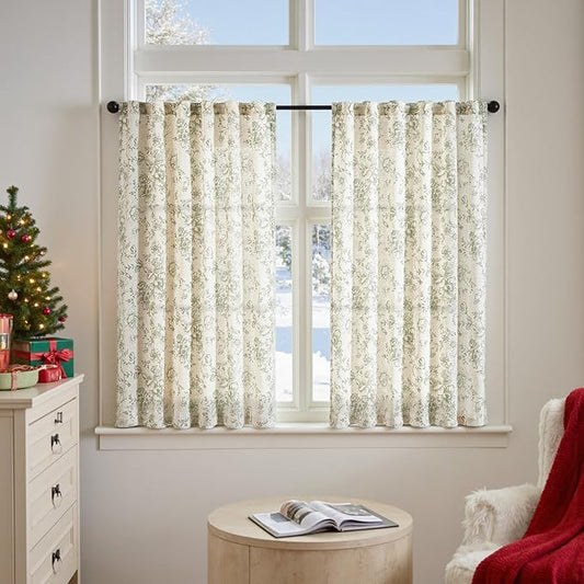 jinachan Linen Blend Floral Curtains for Living Room 45 Inch Length Christmas Sage Green Printed Curtain Rod Pocket Back Tab Farmhouse Peony Flower Patterned Drapes Bedroom Curtains Set 2 Panels