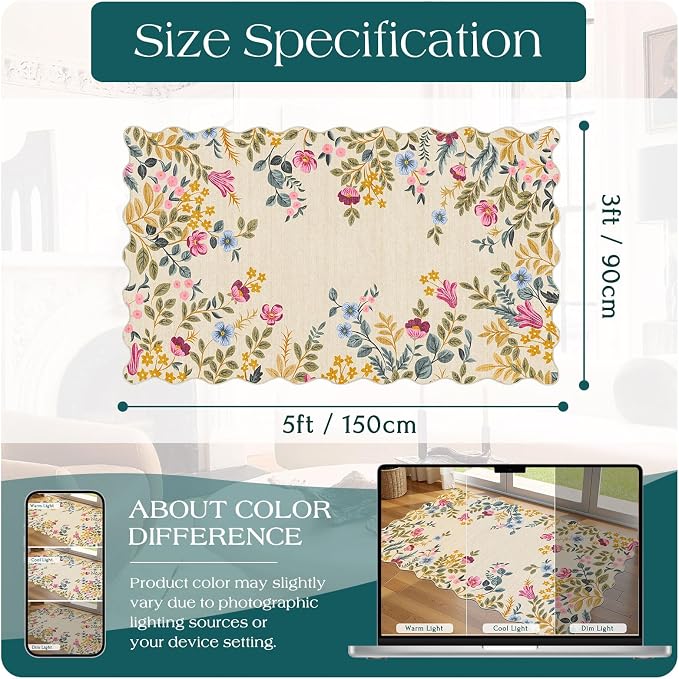 Colorful Floral Entry Rug - 3x5 Ft Washable Indoor Outdoor Front Door Mat Outside Entrance Front Porch Mat Non-Slip Boho Throw Rugs for Living Room Bedroom Entryway Kitchen Office Porch Decor