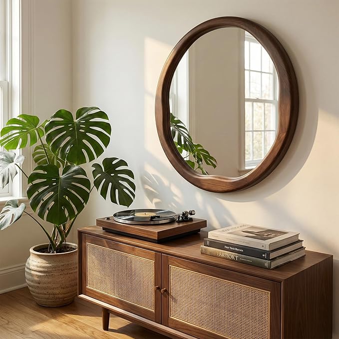 Round Dark Wood Mirror 30 Inch, Large Solid Wood Framed Wall Mirror with Asymmetrical Wavy Inner Edge for Living Room, Fireplace & Dining Room Decor