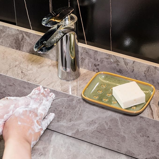 Soap Dish for Shower, Ceramic Soap Dish for Large Soap Bars, Non-Slip Soap Holder & Saver Tray with Floating Point Design for Bathroom, Shower, Kitchen Sink, Save Soap Loss