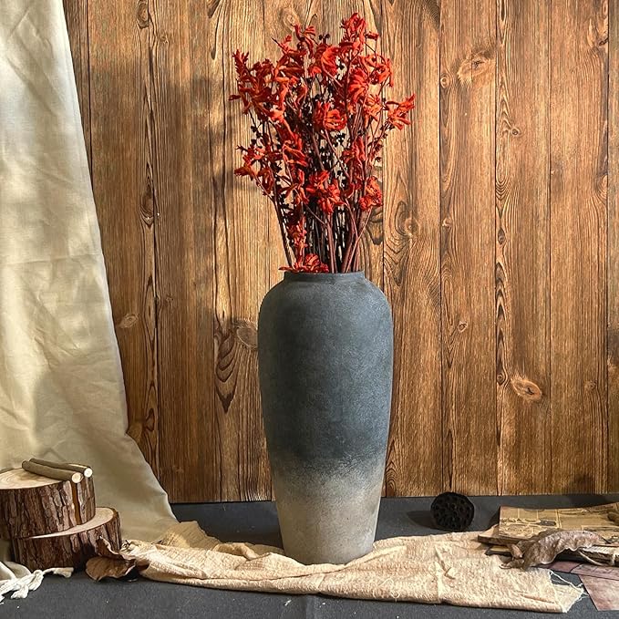 15 Inch Rustic Ceramic Vase, Black Flower Vase for Centerpieces, Farmhouse Decor for Living Room, Entryway & Kitchen, Vintage Pottery Vase for Wedding Gifts