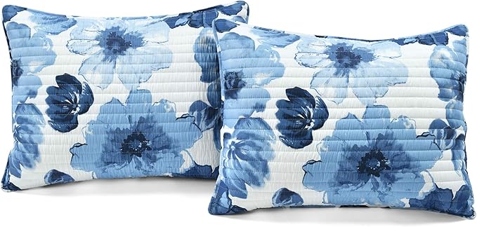 Lush Decor Leah Reversible Floral Quilt Set, 3 Piece Set, Full/ Queen, Navy & White - Watercolor Botanical - Cottage Core - French Country Decor- Bedding Queen Size