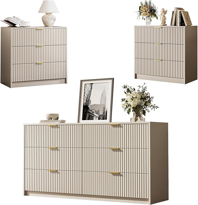 3-Piece Dresser Bedroom Set, 6 Drawer Dresser & 3 Drawer Nightstands with Gold Handles, Fluted Wood Chest of Drawers for Bedroom, Living Room, Entryway, Beige
