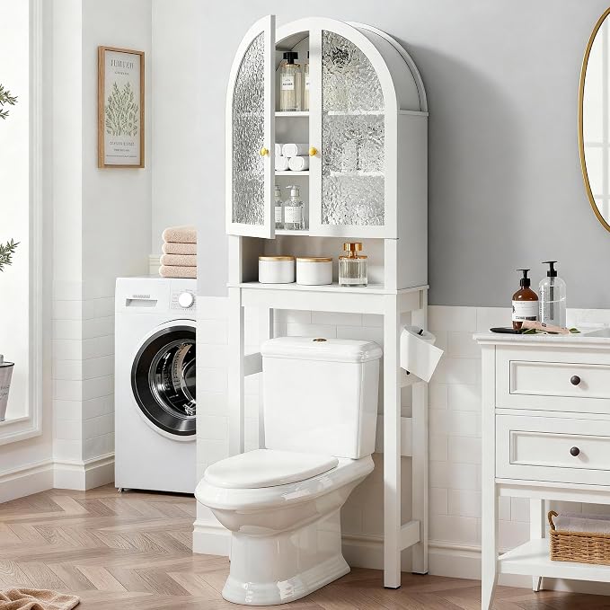 HMstone Over The Toilet Storage Cabinet, Arched Bathroom Organizer and Storage with Acrylic Doors and Adjustable Shelf, Space-Saving Freestanding Bathroom Modern Storage Cabinet Over Toilet, White