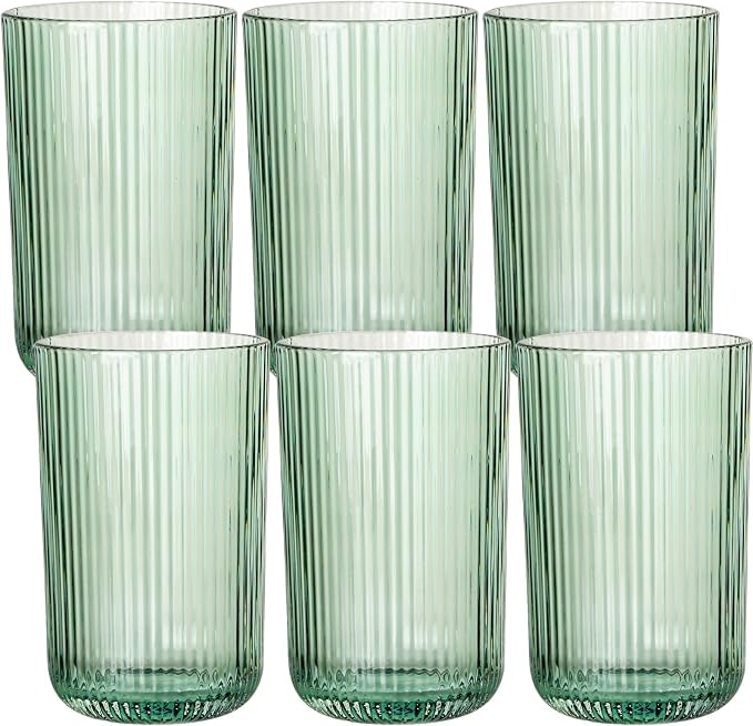Green Ribbed Highball Glasses Set of 6, 13.2oz Sage Green Colored Glassware, Drinking Glasses for Water, Juice, Iced Coffee, Cocktails, Green Glass Cups, Housewarming Christmas Gift