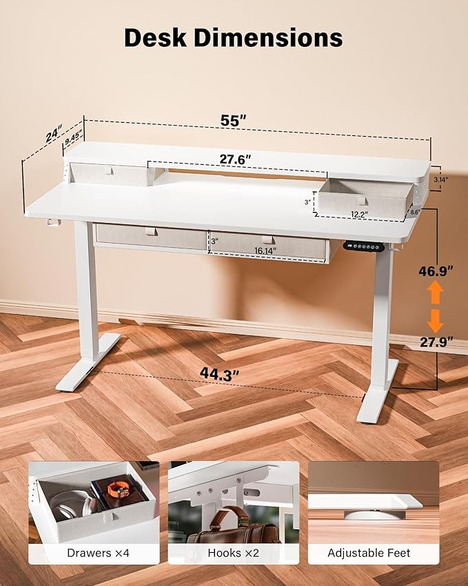 FiCiHi Adjustable Height Standing Desk with 4 Drawers,55 x 24 inches Electric Sit Stand Home Office Desk with Two Tiers, 3 Memory Presets, Monitor Stand Riser, C-Clamp Mount Compatible