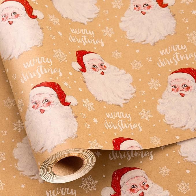 MAYPLUSS Christmas Wrapping Paper Roll - 17IN X 33FT - Kraft Gift Wrapping Paper Featuring Cute Santa Claus Snowflake Reversible Cut Lines for Kids, Holiday, New Year