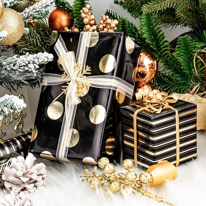 LeZakaa Black Gold Wrapping Paper, Luxury Metallic Gift Wrap with Polka Dots, Stripes & Peacock Feather Pattern for Birthday, Wedding, Bridal Shower, 17 x 120 inches 3 Rolls, Mini Roll