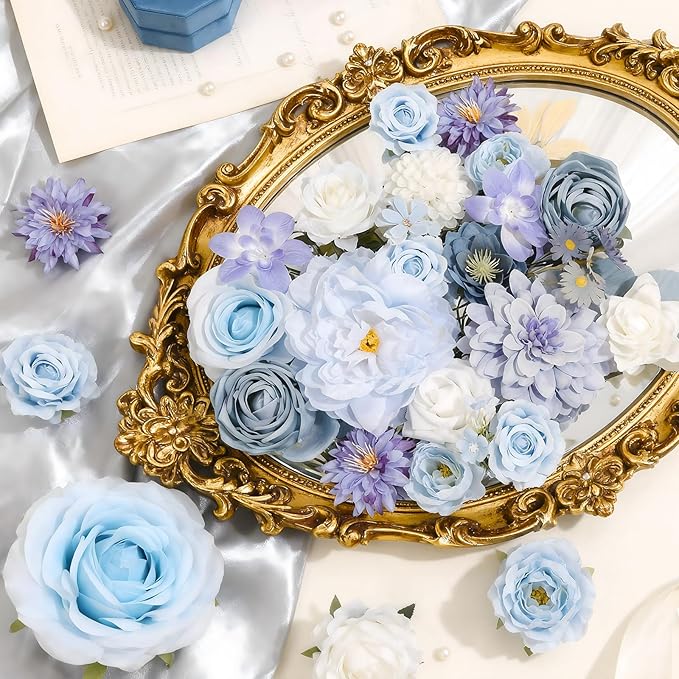 SwanMoon Artificial Flowers Combo Box Set, 26pcs Blue Silk Roses & Daisy with Stems for DIY Wedding Bouquets, Party Centerpieces & Home Decor