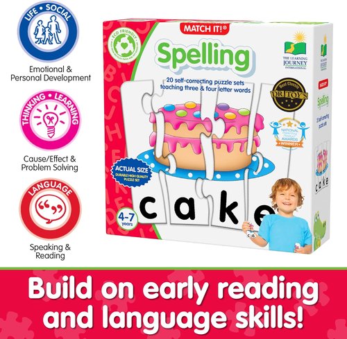 Learning Journey Match It! - Spelling Puzzle - 20 Self-Correcting Pieces for 3 & 4 Letter Words | Educational Toy for 4-Year-Olds