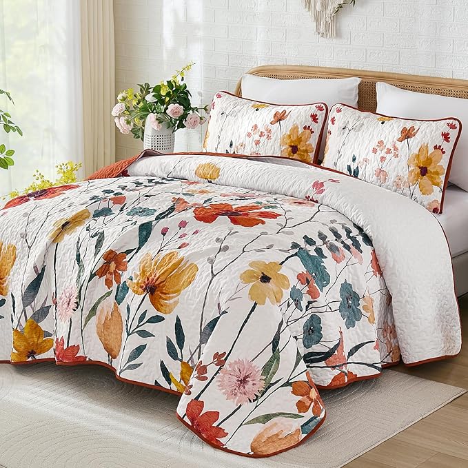 Anibedding Floral Quilt Set King Size, Burnt Orange Bedspread with 2 Pillowcases, Soft Microfiber Lightweight Coverlet Bedding Set for All Season(104"x90")