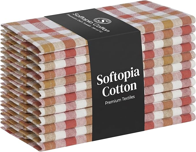 Multi Checkered Dish Towels 12 Pack, 18x26 Inches, 100% Cotton Kitchen Cloths, Quick Drying Wash Rags, Reusable & Absorbent, Washable Towels for Cleaning, Cooking - Rust, Tan, Natural