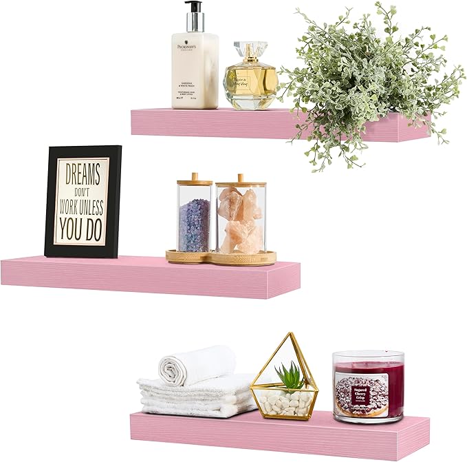 Sorbus Floating Shelves for Wall – 16 Inch Floating Shelf for Kitchen, Bedroom, Living Room, Bathroom, Home & Wall Decor - Mounted Bathroom Shelves with Invisible Brackets (Soft Pink, 5 Pack)